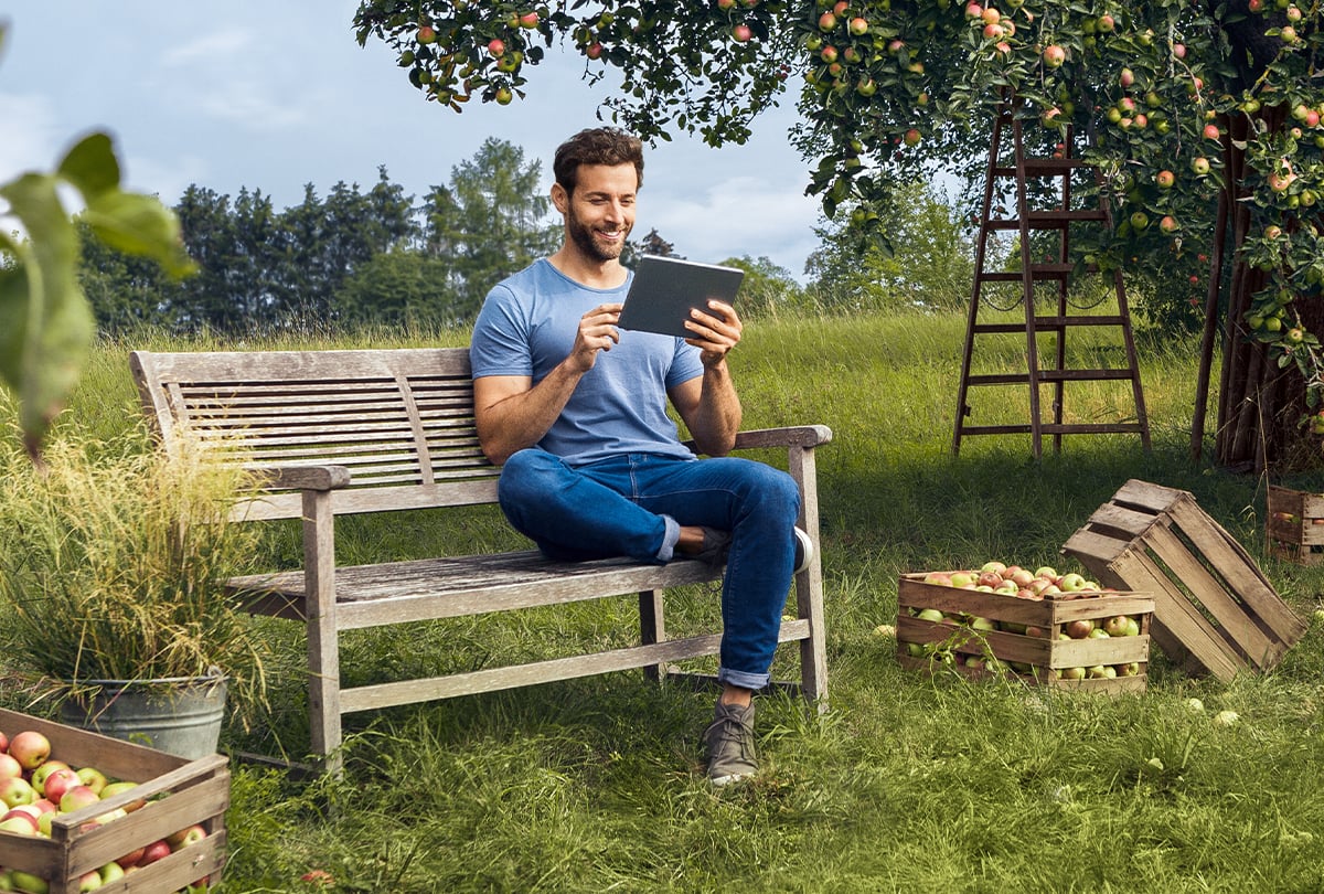 Mann mit Tablet auf Bank unter Apfelbaum